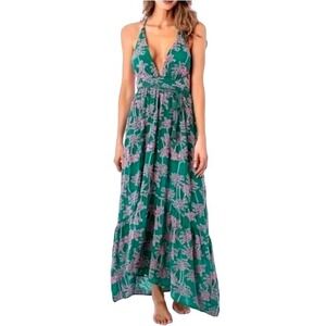 MAAJI Large Limited Edition Embroidered Green Pink Palms Moon Bay Maxi Dress NWT